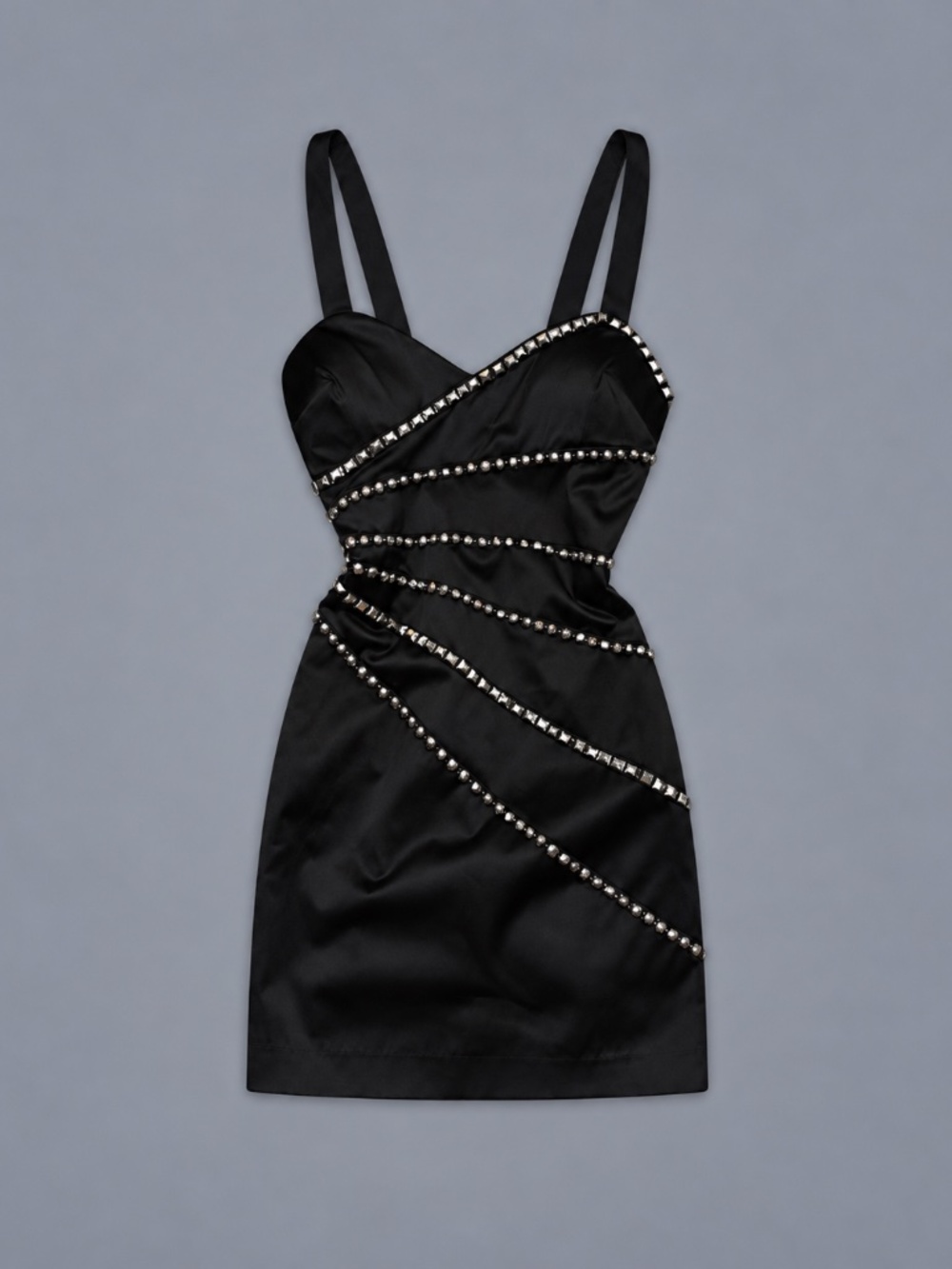 Bebe Black Satin Rhinestone Mini Dress – Size 0